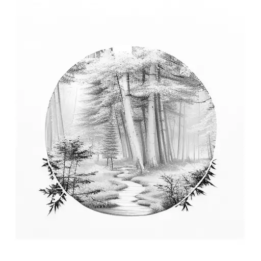 A Serene Forest Scene With A Hidden Guitar Hidden Among The Trees