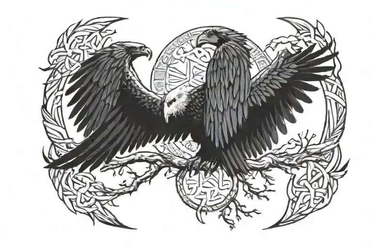 Bearded Vulture Silhouette With Viking Runes Inside And Yggdrasil In The Middle Of The Back