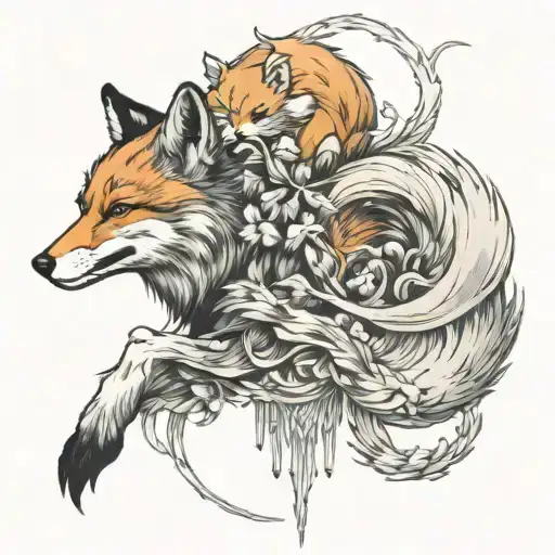 Multi-tail Fox Kitsune Above With A Stalking Wolf Reflection Below The Kitsune