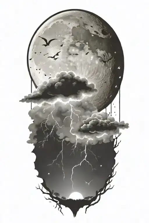 Night Sky Filled With Constellations Moon Thunderstorm Cloud Lightning Terrifying