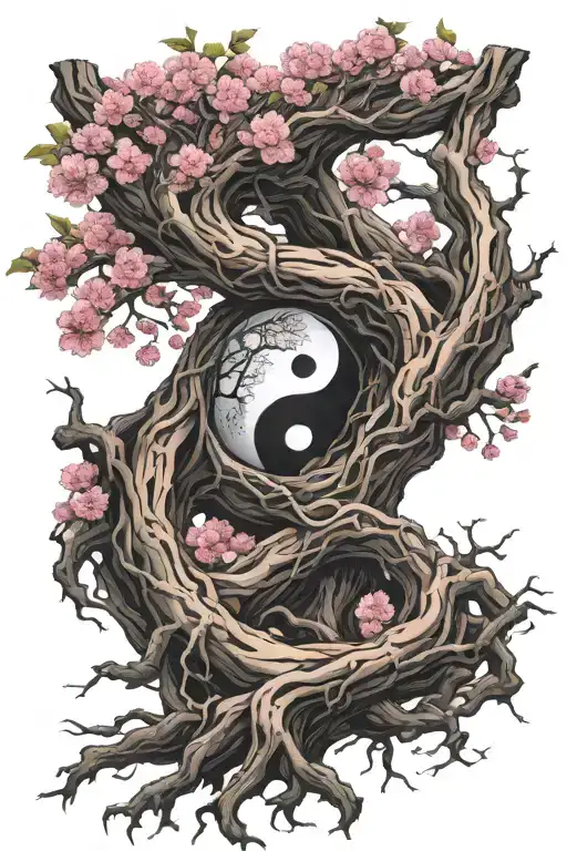 Ying Yang In Cherry Blossom Tree Roots Spreading