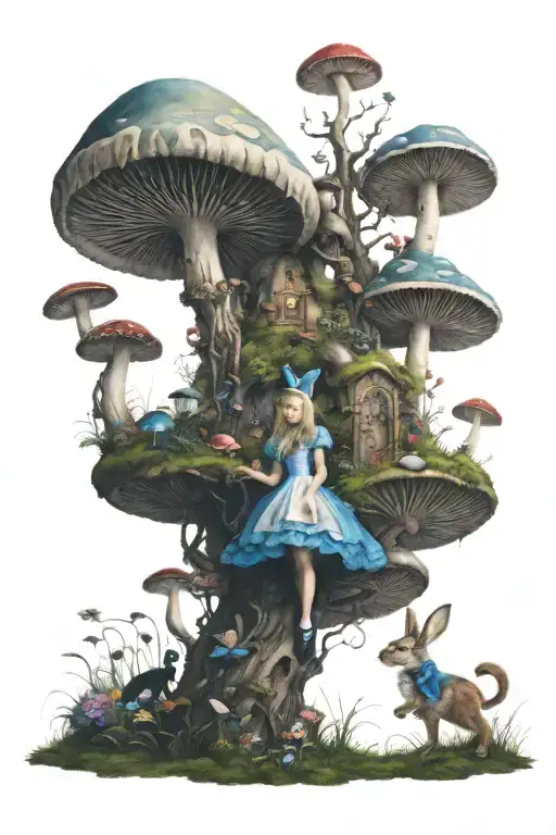 Alice In Wonderland Walking Through A Dense Mushroom Forest