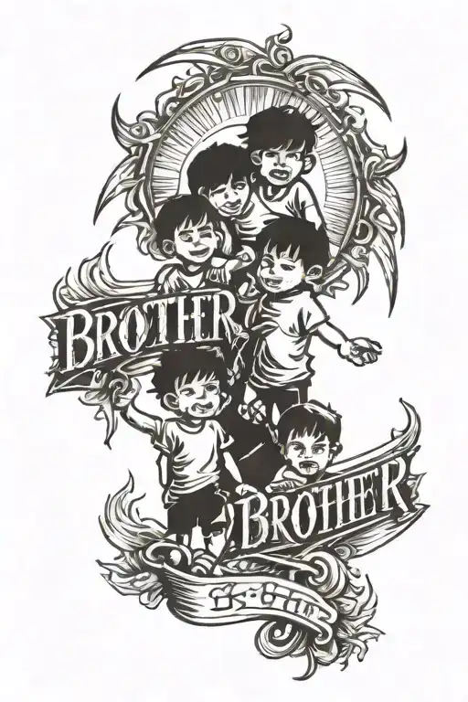 The Word Brother In Cool Font Surrounded By Sun Rays With Two Kids Standing Next To Eachother