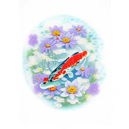Realistic Portrayal Of A Koi Fish Swimming Among Blooming Flowers