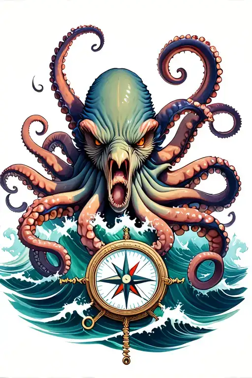 Angry Kracken Octopus In Ocean With Nautical Compass In Middle With Waves