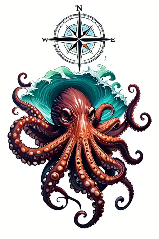 Angry Kracken Octopus In Ocean With Nautical Compass In Middle With Waves