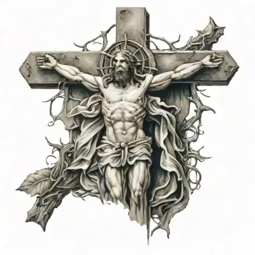 Jesus On Roman Cross With Thorns Wrapped
