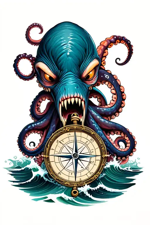 Angry Kracken Octopus In Ocean With Nautical Compass In Middle With Tentacles Out Wide With Waves