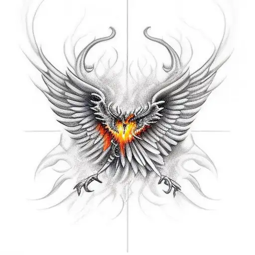 Agressive Fenix Bird In Flames Extended Wings Over Three Skulls