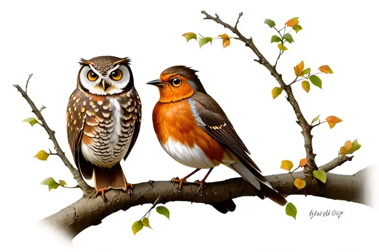 Robin And Owl Perched On A Branch