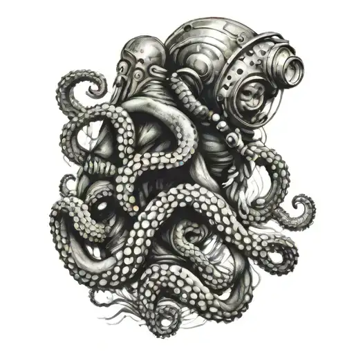 Diver Fighting An Octopus Wrapped