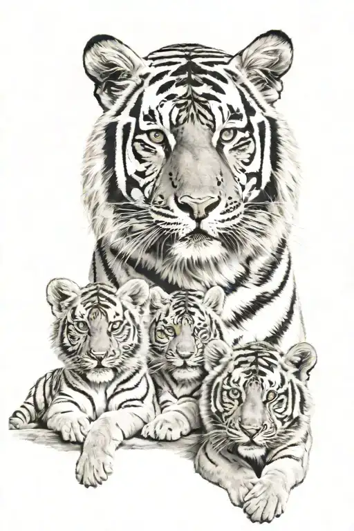 Tiger Family With 2 Cubs Face Only