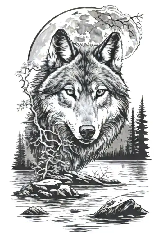 Wolf In A River With Moon In Background