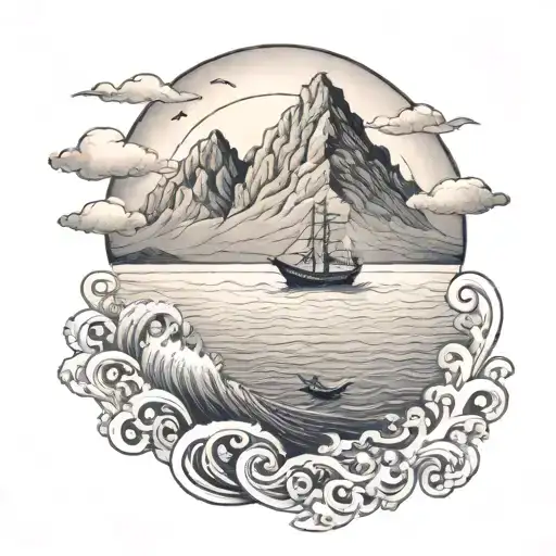 Small Tattoo Ocean With A Tiny Boat Mountains And Sumset In Background