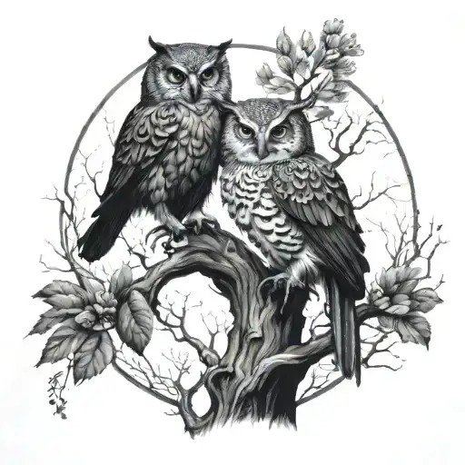 Crow Owl And Phoenix Bird In A Tree