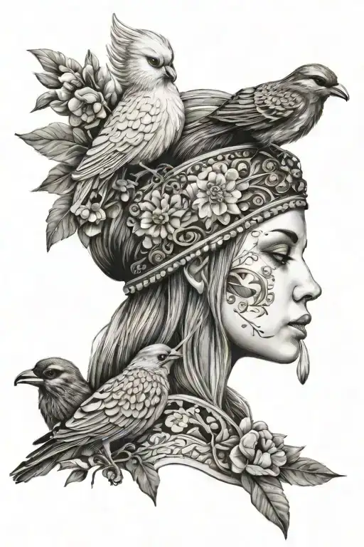 A Naked Girl In A Kokoshnik And Slavic Ornament Holds A Bird In Her Hand