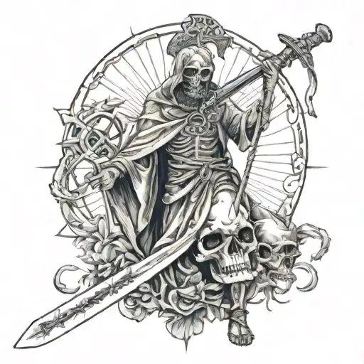 Death With A Scythe And A Cross Of Jesus Christ Behind Death