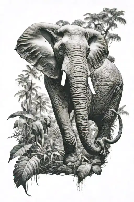 Super Realistic Elephant In The Background Of A Jungle