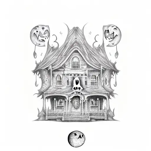 Haunted House With Ghost And Jack-o'-lanterns And A Moon And Spooky Trees And A Crow