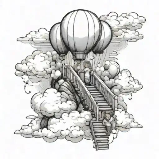 Stairway To Heaven Surrounded By Clouds And Mountains With A Child Holding Balloons