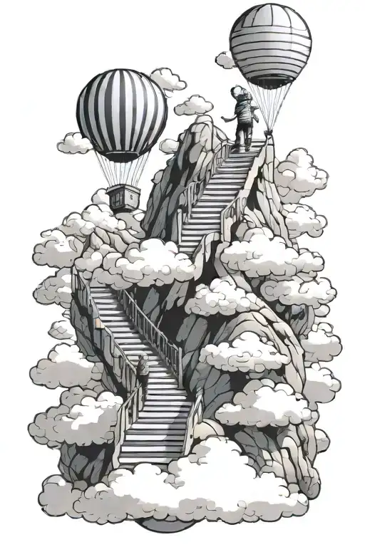 Child With Inflatable Balloons Climbing Stairs To The Sky Surrounded By Clouds And Mountain Peak