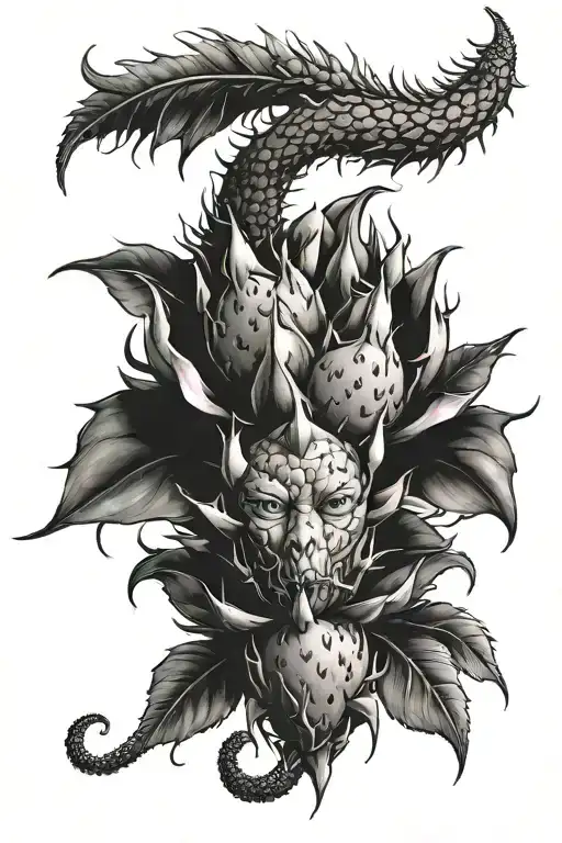 Dragonfruit Plant Growing With Fruit And Mythical Dragon Head