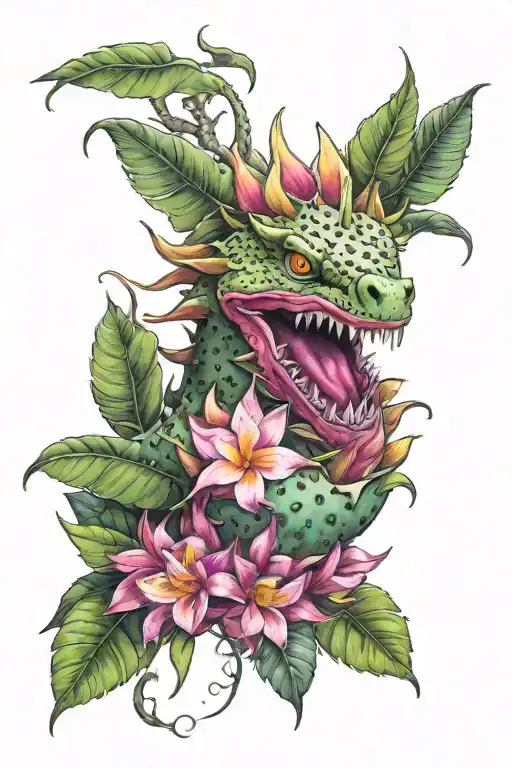 Dragonfruit Plant With Fruit And Mythical Dragon Head At Top With Plumeria Flowers