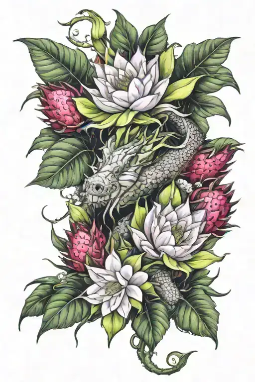 Dragonfruit Plant Vine Growing With Fruit And Flowers And A Dragon Head At The Top