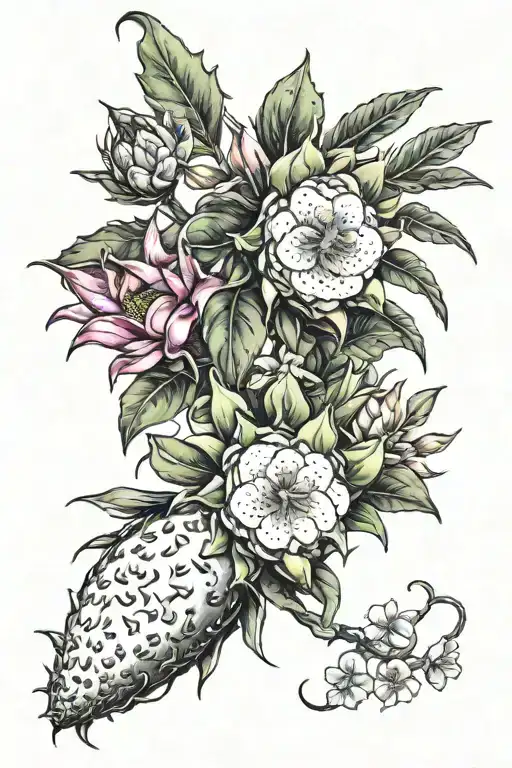 Dragonfruit Plant With Fruit And Plumeria Flowers And Dragon Head