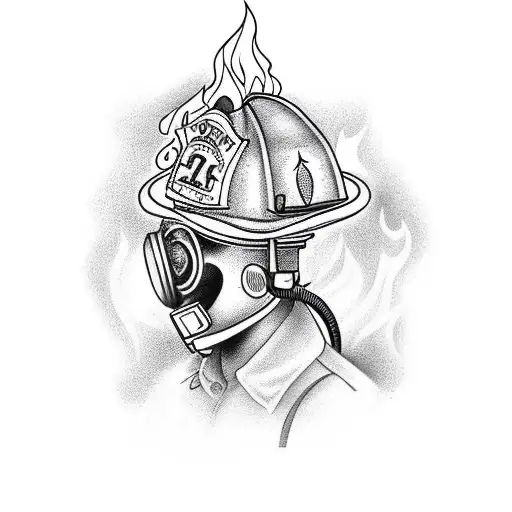 Firefighter Head With Mask And Flames In The Back