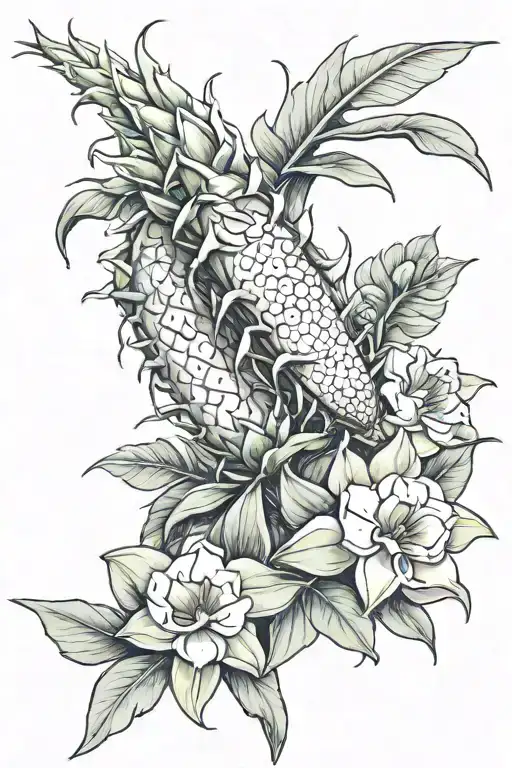 Dragonfruit Plant Wrapping Around The Arm With Fruit And Plumeria Tree And Dragon Head At Top