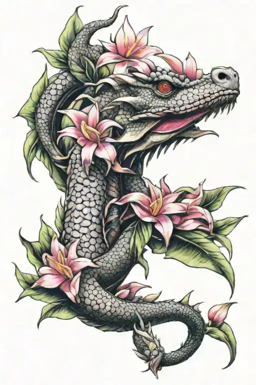 Dragon Wrapped Around Dragonfruit Plant With Plumeria Flowers
