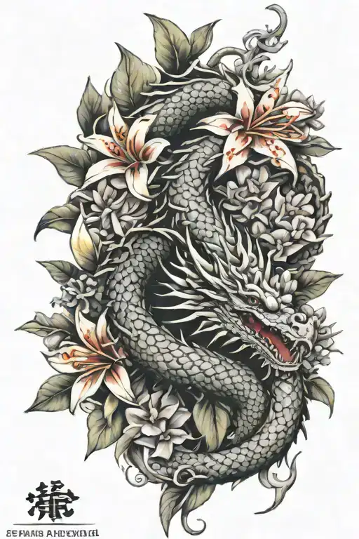 Dragon Intertwined With Dragonfruit Plant And Plumeria Flowers