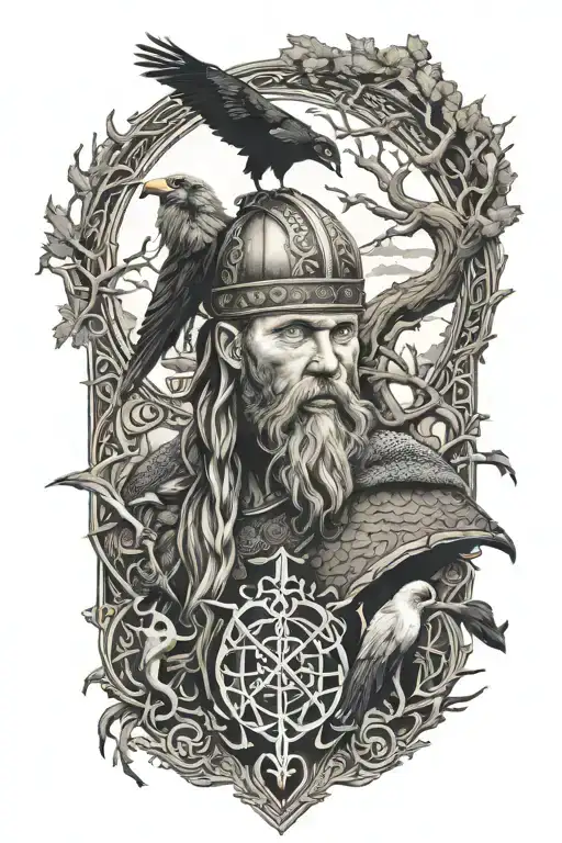 Viking Infront Of Yggdrasil Woth Nordic Symbols And Two Crows