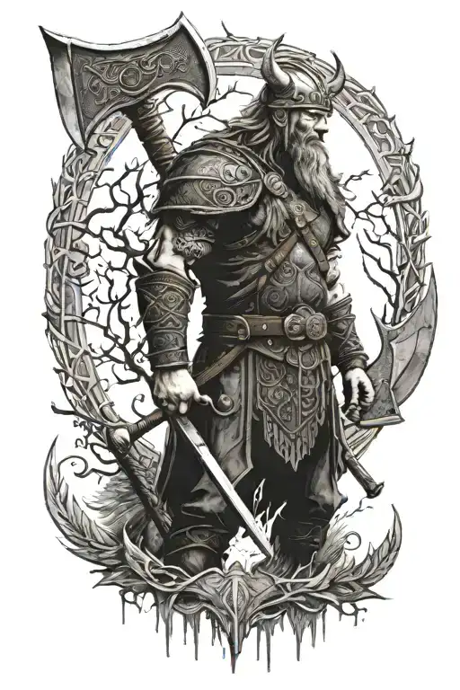 Viking Warrior Standing An Axe And Yggdrasil And Odins Crows