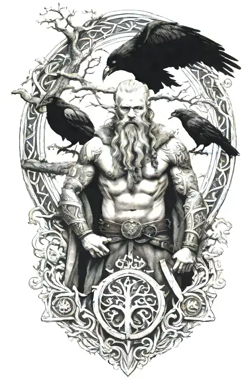 A Viking With Yggdrasil The World Tree Behind Him And 2 Ravens