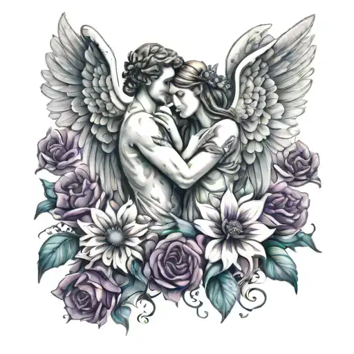Male And Female Angel Surrounded By Flowers Holding Teal And Purple Teals