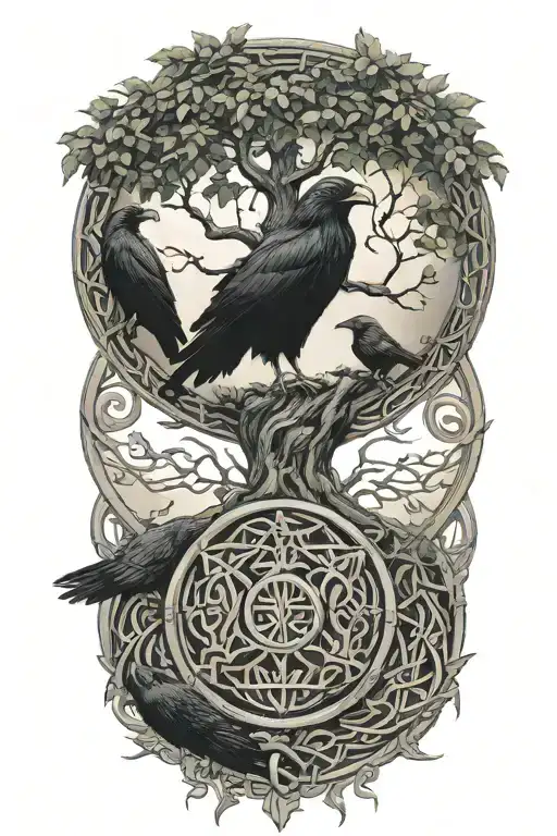 Yggdrasil With A Circle Aroung It With 2 Ravens And The Symbols Of The Celtic Know And Mjolnir