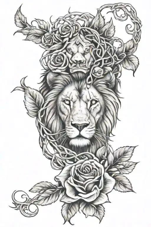 Lion With Rose Intertwined With Vines And Thorns Wrapped