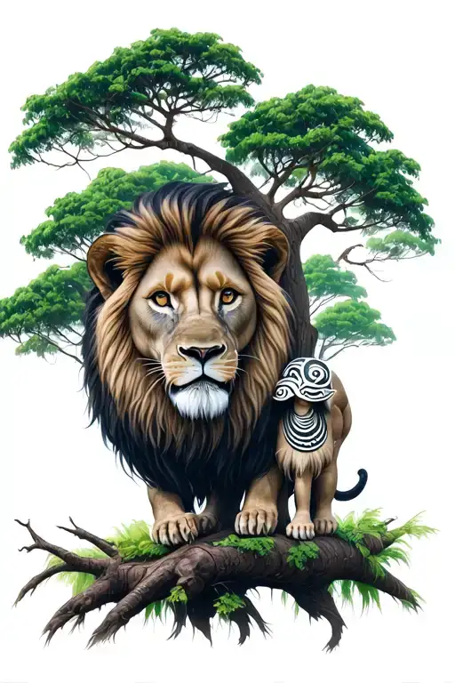 Lion And Maori Child On A Tree And