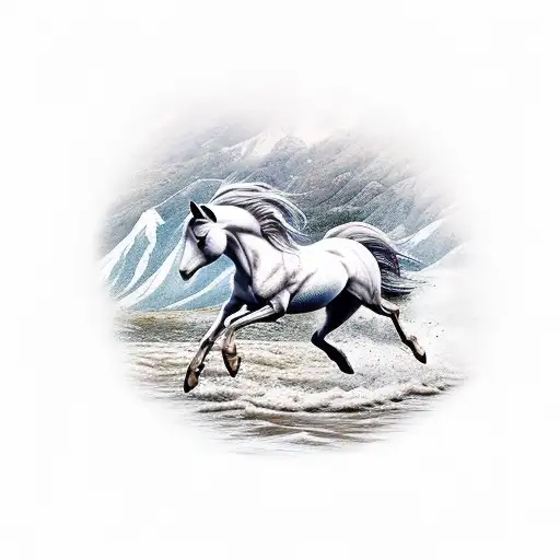 A Majestic Horse Galloping Through A River Surrounded By Mountains