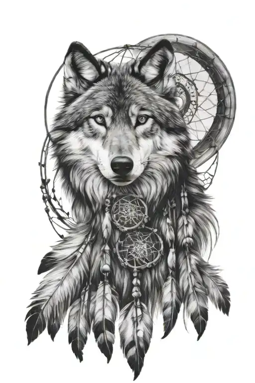 Black And White Wolf With Dreamcatcher