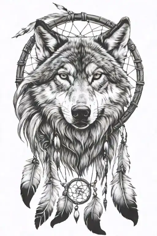 Black And White Wolf With Dreamcatcher
