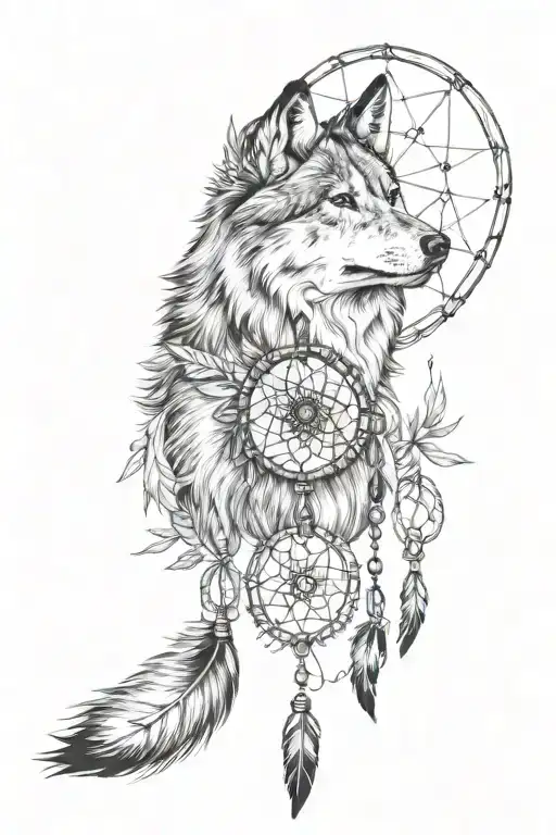 Black And White Wolf With Dreamcatcher