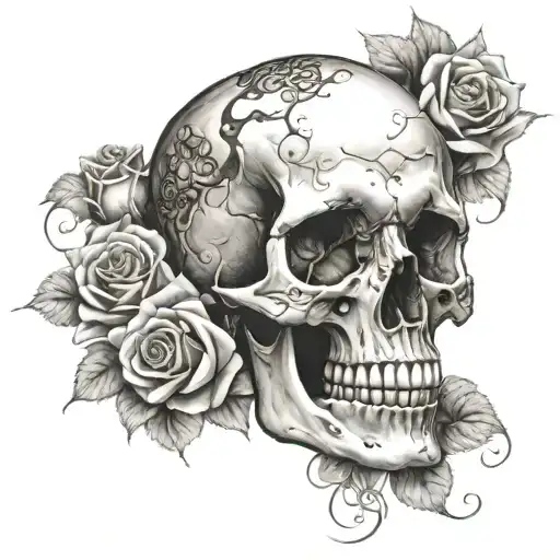 Create A Realistic Portrait Of A Skull Surrounded By Intricate Roses On The Forearm