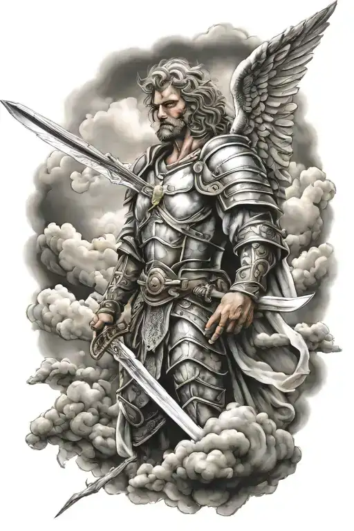 Angel Warrior With Sword And Cloud Background