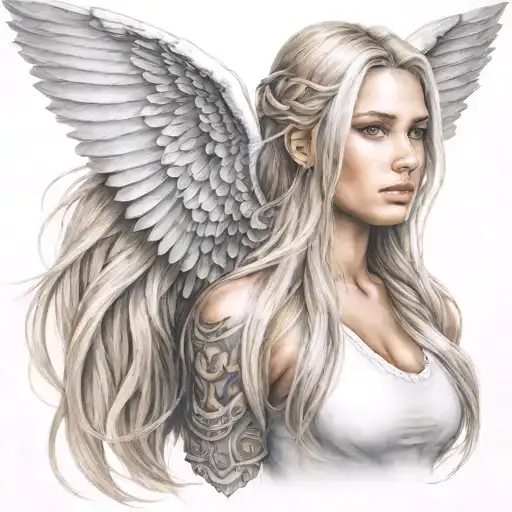Horse Angel Wings Girl With Long Blonde Hair Black And White
