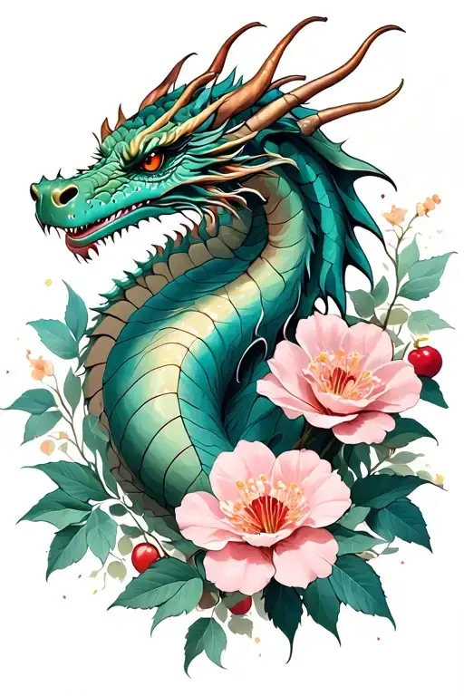 Dragon And Cherryflowers Growing Inside