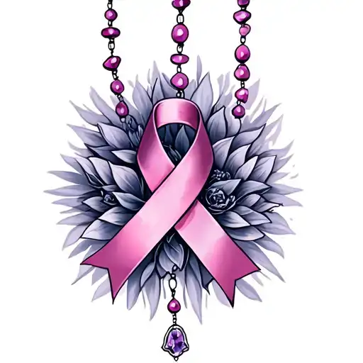 Cancer Ribbon With Rosary Hanging
