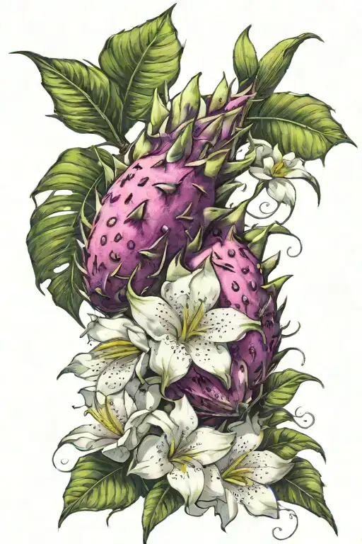 Dragonfruit Growing On Vine With Dragon Head And Plumeria Flowers